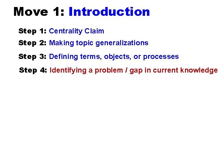 Move 1: Introduction Arguing for topic prominence Step 1: Centrality Claim Step 2: Making