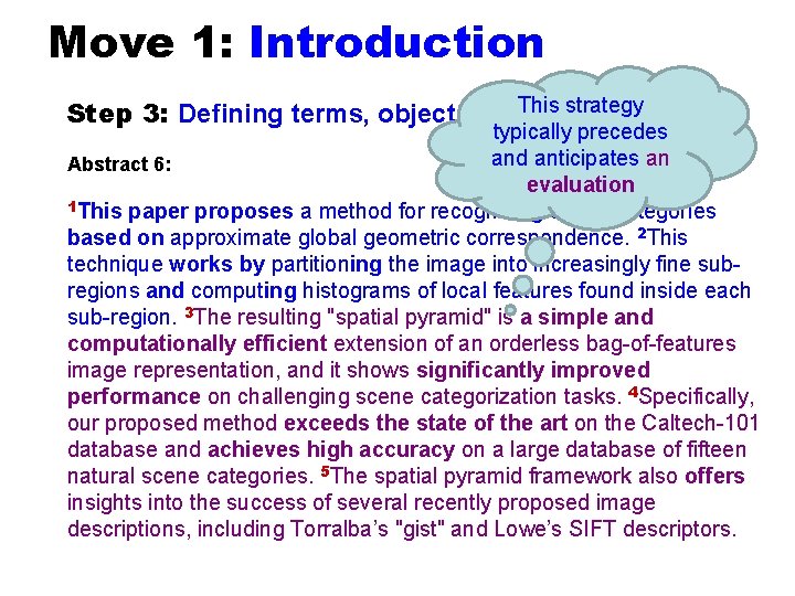 Move 1: Introduction strategy Step 3: Defining terms, objects, or This processes typically precedes