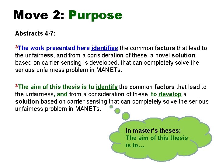Move 2: Purpose Abstracts 4 -7: 3 The work presented here identifies the common