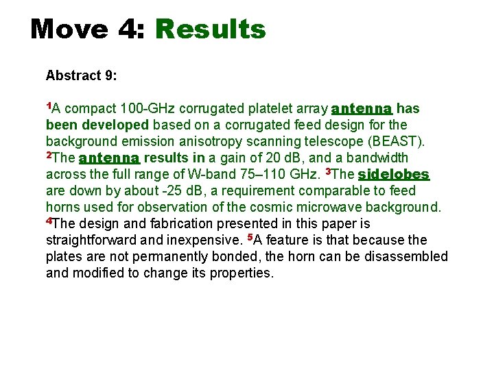 Move 4: Results Abstract 9: compact 100 -GHz corrugated platelet array antenna has been