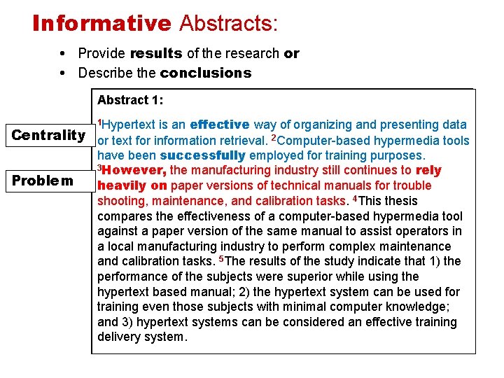 Informative Abstracts: • Provide results of the research or • Describe the conclusions Abstract