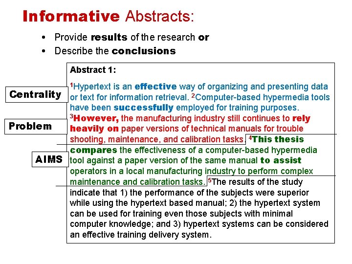 Informative Abstracts: • Provide results of the research or • Describe the conclusions Abstract