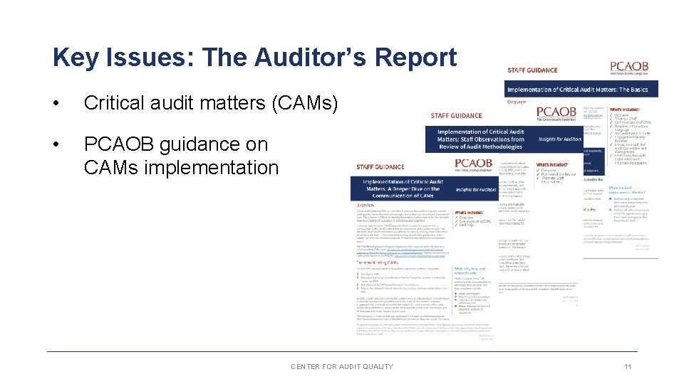 Key Issues: The Auditor’s Report • Critical audit matters (CAMs) • PCAOB guidance on