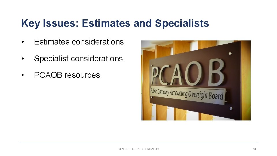 Key Issues: Estimates and Specialists • Estimates considerations • Specialist considerations • PCAOB resources