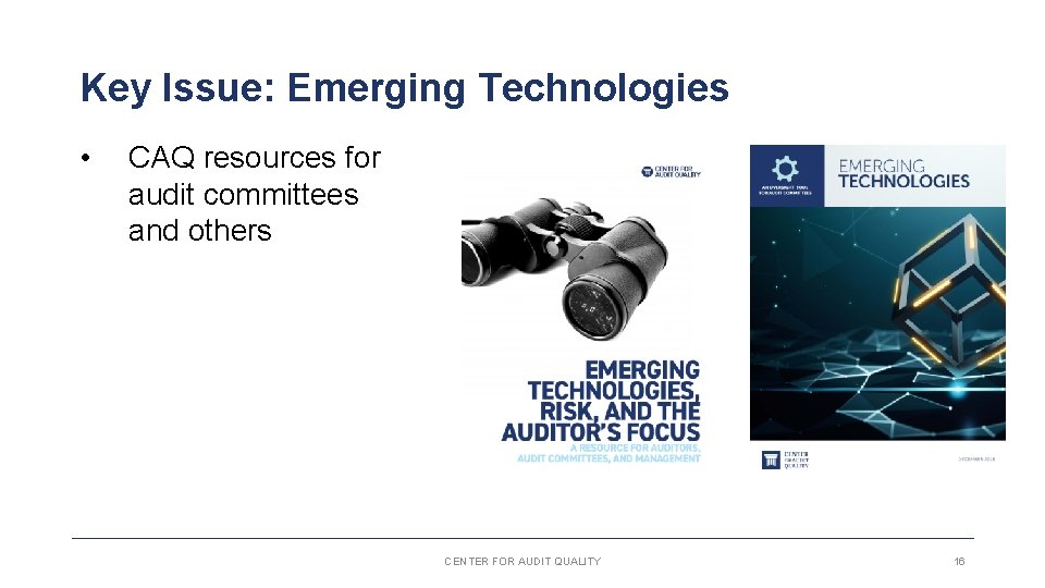 Key Issue: Emerging Technologies • CAQ resources for audit committees and others CENTER FOR