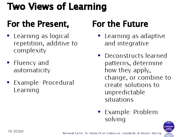 Two Views of Learning For the Present, • Learning as logical repetition, additive to