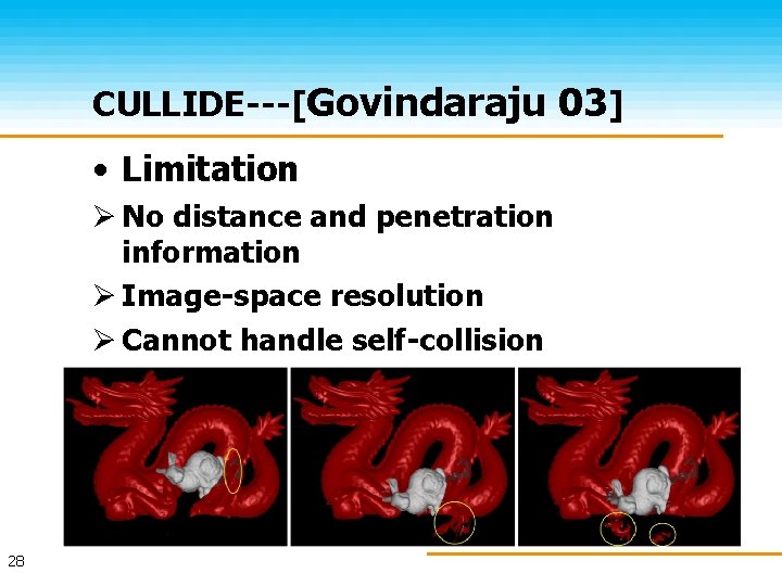 CULLIDE---[Govindaraju 03] • Limitation Ø No distance and penetration information Ø Image-space resolution Ø