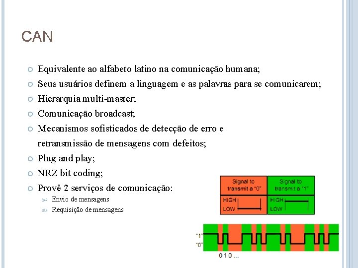 CAN Equivalente ao alfabeto latino na comunicação humana; Seus usuários definem a linguagem e