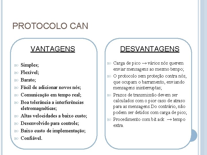 PROTOCOLO CAN VANTAGENS Simples; Flexível; Barato; Fácil de adicionar novos nós; Comunicação em tempo