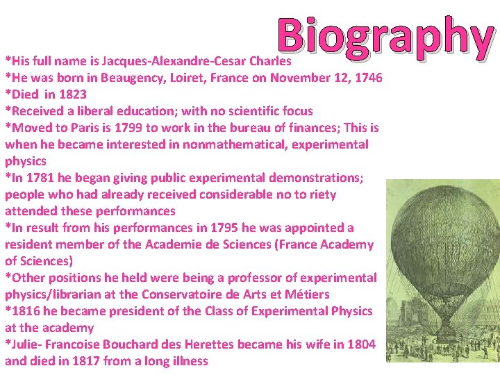 Biography *His full name is Jacques-Alexandre-Cesar Charles *He was born in Beaugency, Loiret, France