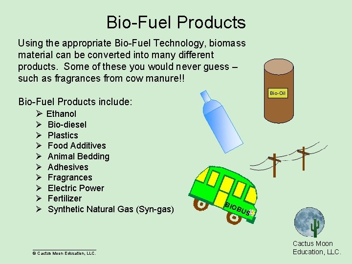 Bio-Fuel Products Using the appropriate Bio-Fuel Technology, biomass material can be converted into many