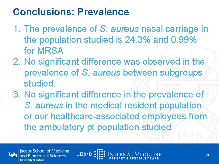 Conclusions: Prevalence 1. The prevalence of S. aureus nasal carriage in the population studied