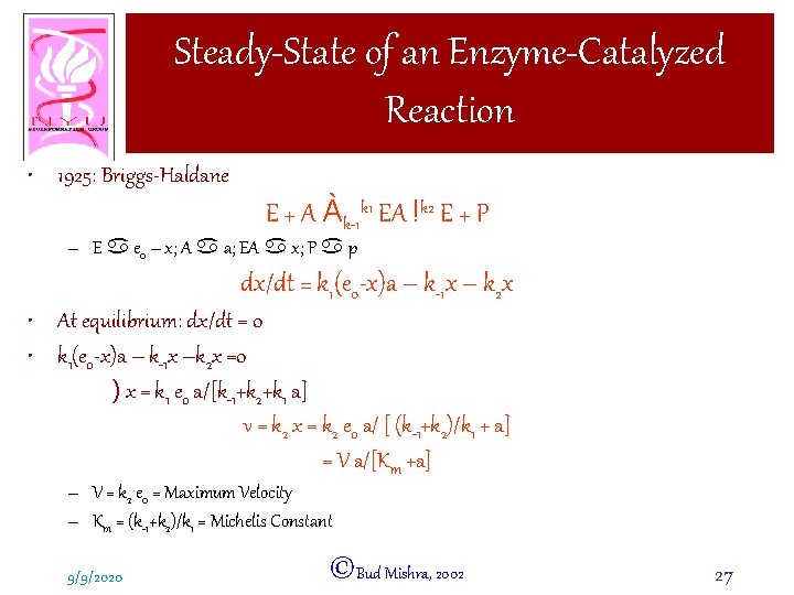 Steady-State of an Enzyme-Catalyzed Reaction • 1925: Briggs-Haldane E + A Àk-1 k 1