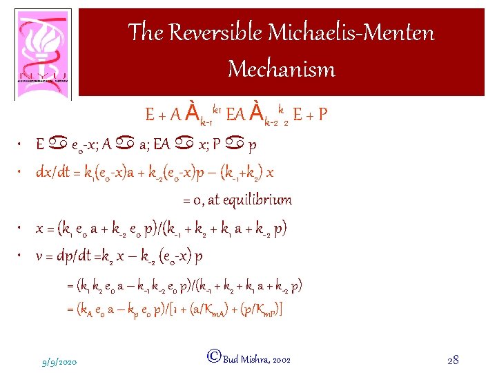 The Reversible Michaelis-Menten Mechanism E + A Àk-1 k 1 EA Àk-2 k 2