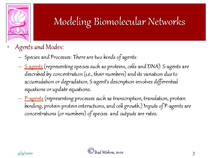 Modeling Biomolecular Networks • Agents and Modes: – Species and Processes: There are two