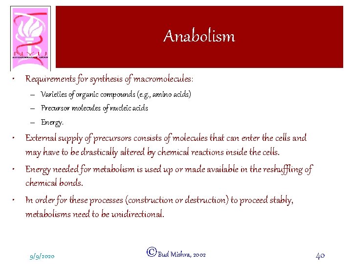 Anabolism • Requirements for synthesis of macromolecules: – Varieties of organic compounds (e. g.