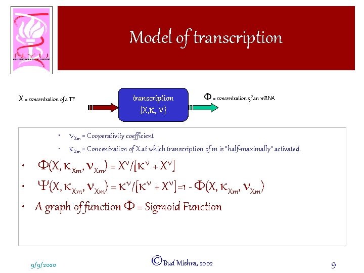 Model of transcription X = concentration of a TF transcription {X, k, n} F