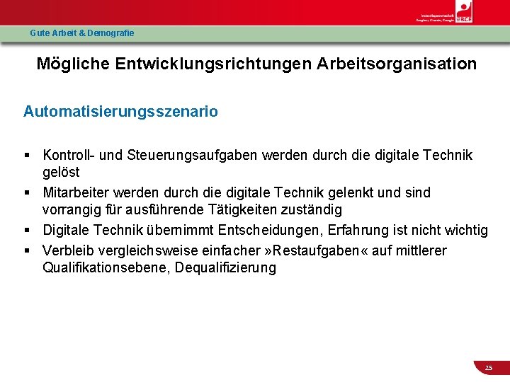 Gute Arbeit & Demografie Mögliche Entwicklungsrichtungen Arbeitsorganisation Automatisierungsszenario § Kontroll- und Steuerungsaufgaben werden durch