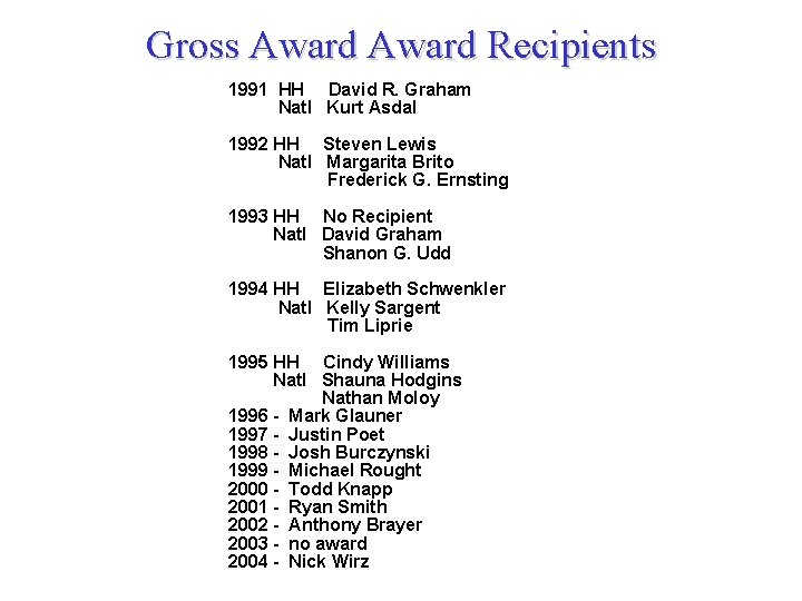 Gross Award Recipients 1991 HH David R. Graham Natl Kurt Asdal 1992 HH Steven