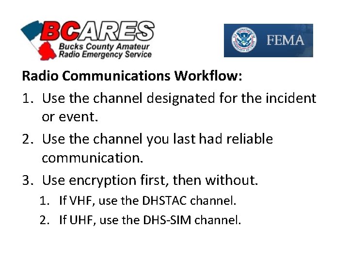 Radio Communications Workflow: 1. Use the channel designated for the incident or event. 2.