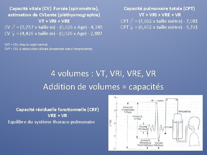 Capacité vitale (CV) Forcée (spirométrie), estimation de CVLente (pléthysmographie) VT + VRI + VRE