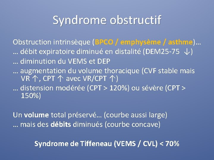 Syndrome obstructif Obstruction intrinsèque (BPCO / emphysème / asthme)… … débit expiratoire diminué en