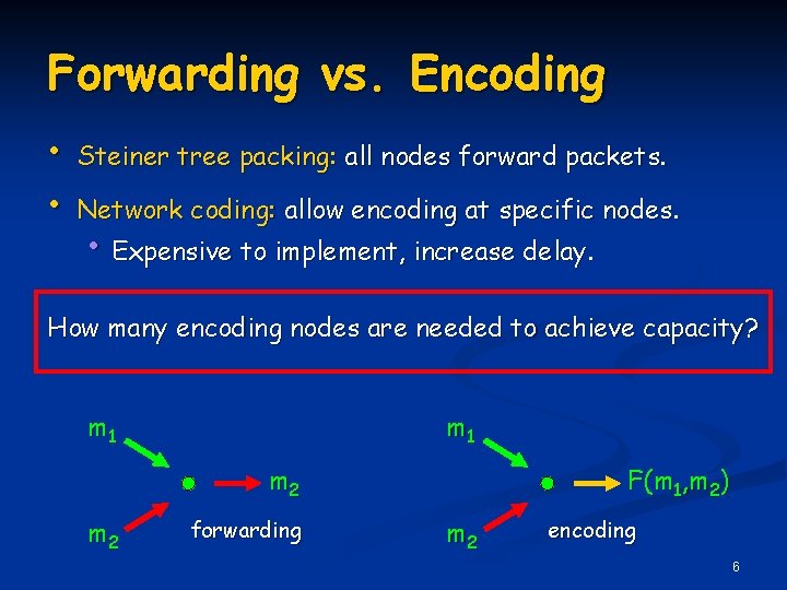 Forwarding vs. Encoding • • Steiner tree packing: all nodes forward packets. Network coding: Forwarding vs. Encoding • • Steiner tree packing: all nodes forward packets. Network coding:
