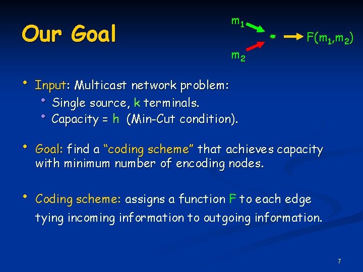 Our Goal • • • m 1 m 2 F(m 1, m 2) Input: Our Goal • • • m 1 m 2 F(m 1, m 2) Input: