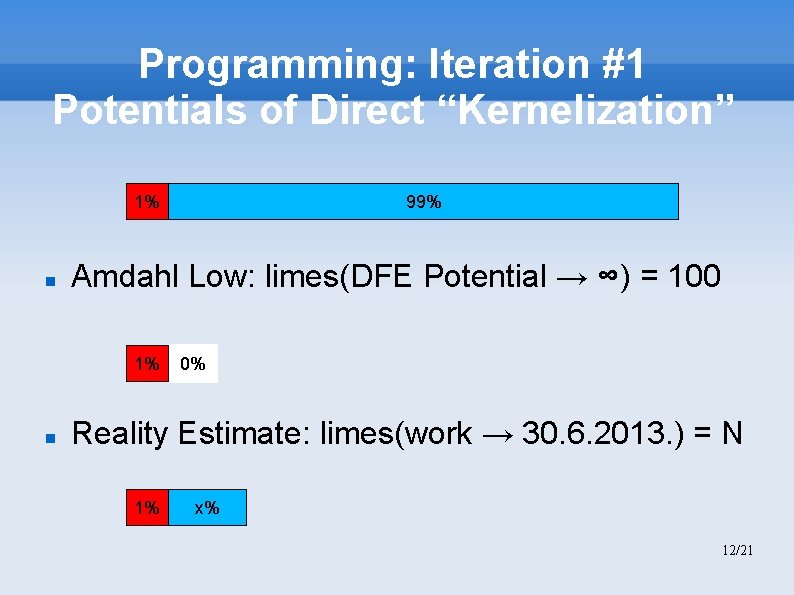 Programming: Iteration #1 Potentials of Direct “Kernelization” 1% Amdahl Low: limes(DFE Potential → ∞)