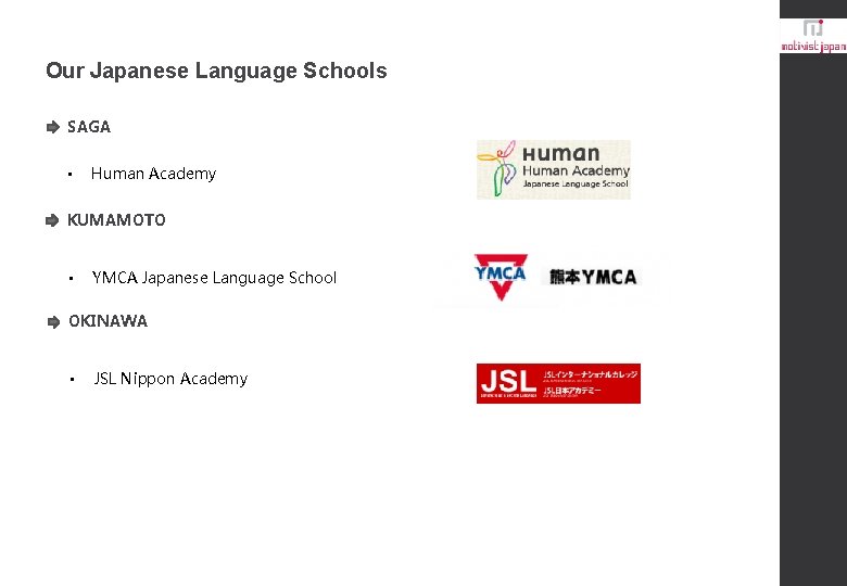Our Japanese Language Schools SAGA • Human Academy KUMAMOTO • YMCA Japanese Language School