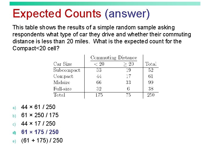 Expected Counts (answer) This table shows the results of a simple random sample asking