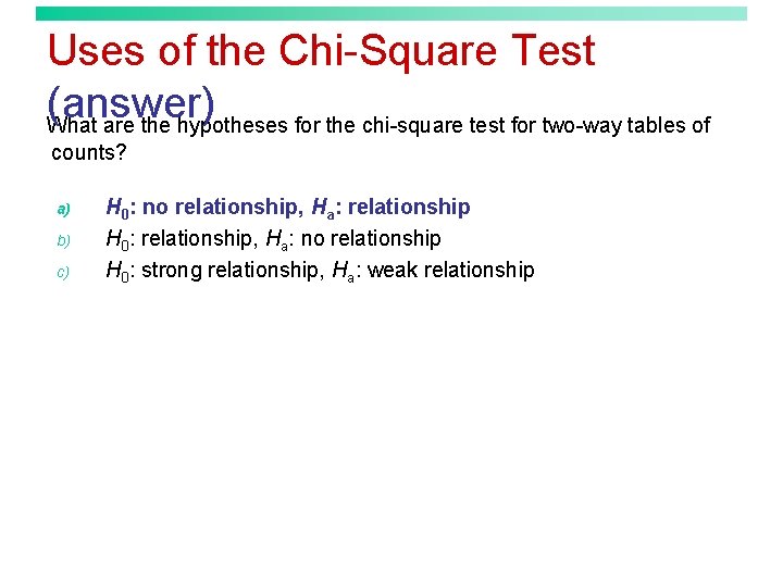 Uses of the Chi-Square Test (answer) What are the hypotheses for the chi-square test