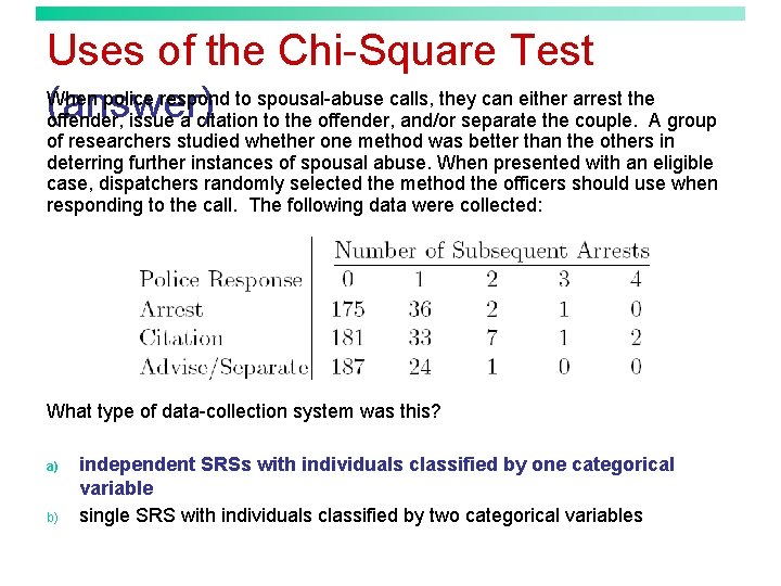 Uses of the Chi-Square Test When police respond to spousal-abuse calls, they can either