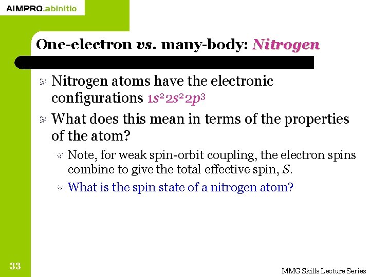 One-electron vs. many-body: Nitrogen atoms have the electronic configurations 1 s 22 p 3