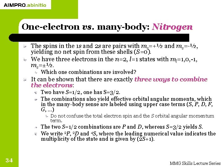 One-electron vs. many-body: Nitrogen The spins in the 1 s and 2 s are