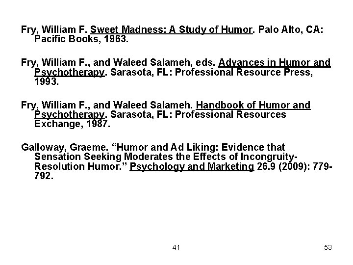 Fry, William F. Sweet Madness: A Study of Humor. Palo Alto, CA: Pacific Books,
