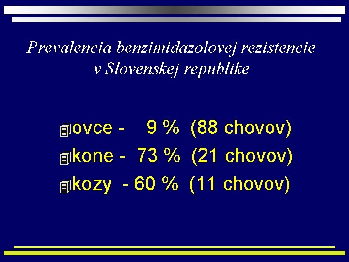 Prevalencia benzimidazolovej rezistencie v Slovenskej republike 4 ovce - 9 % (88 chovov) 4
