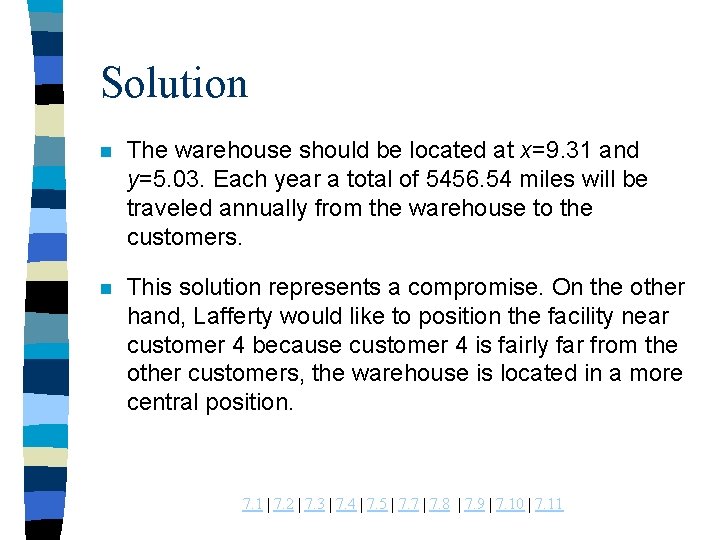 Solution n The warehouse should be located at x=9. 31 and y=5. 03. Each