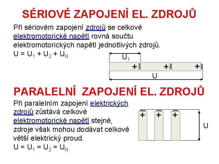 SÉRIOVÉ ZAPOJENÍ EL. ZDROJŮ Při sériovém zapojení zdrojů se celkové elektromotorické napětí rovná součtu