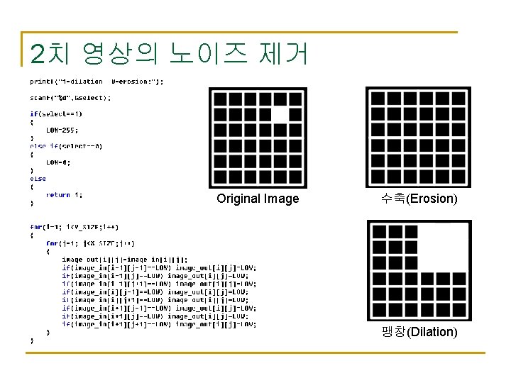 2치 영상의 노이즈 제거 Original Image 수축(Erosion) 팽창(Dilation) 