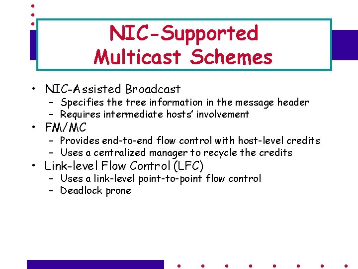 NIC-Supported Multicast Schemes • NIC-Assisted Broadcast – Specifies the tree information in the message