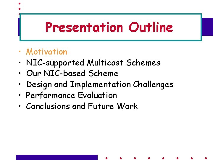 Presentation Outline • • • Motivation NIC-supported Multicast Schemes Our NIC-based Scheme Design and