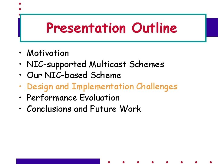 Presentation Outline • • • Motivation NIC-supported Multicast Schemes Our NIC-based Scheme Design and