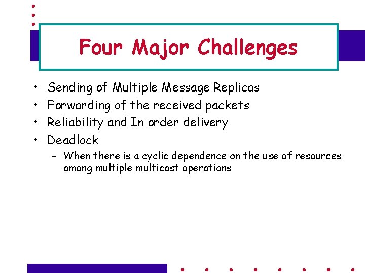 Four Major Challenges • • Sending of Multiple Message Replicas Forwarding of the received