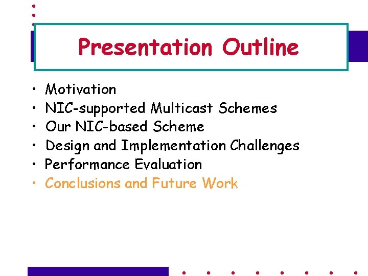 Presentation Outline • • • Motivation NIC-supported Multicast Schemes Our NIC-based Scheme Design and