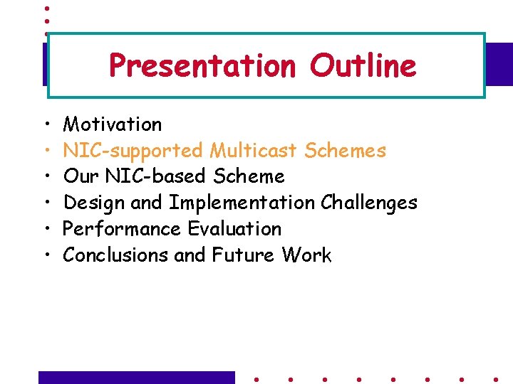 Presentation Outline • • • Motivation NIC-supported Multicast Schemes Our NIC-based Scheme Design and