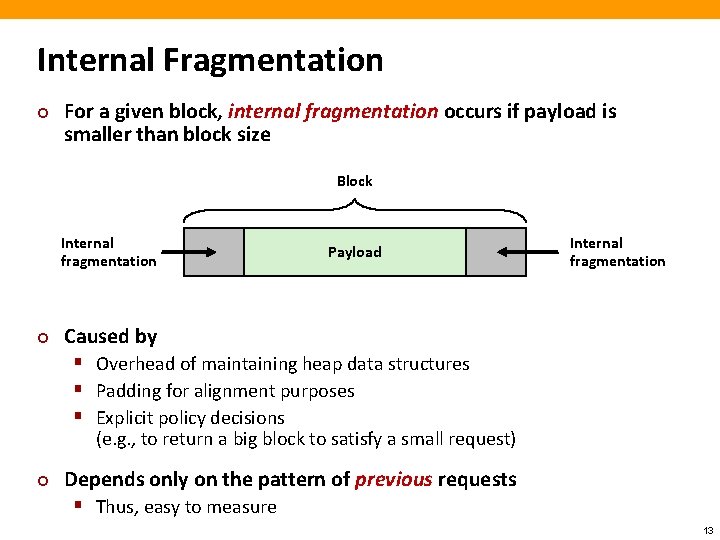 Internal Fragmentation ¢ For a given block, internal fragmentation occurs if payload is smaller