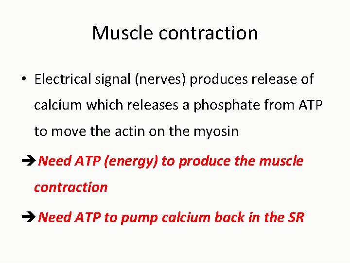 Muscle contraction • Electrical signal (nerves) produces release of calcium which releases a phosphate