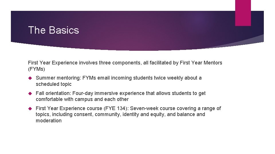 The Basics First Year Experience involves three components, all facilitated by First Year Mentors