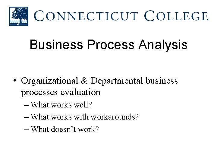 Business Process Analysis • Organizational & Departmental business processes evaluation – What works well?